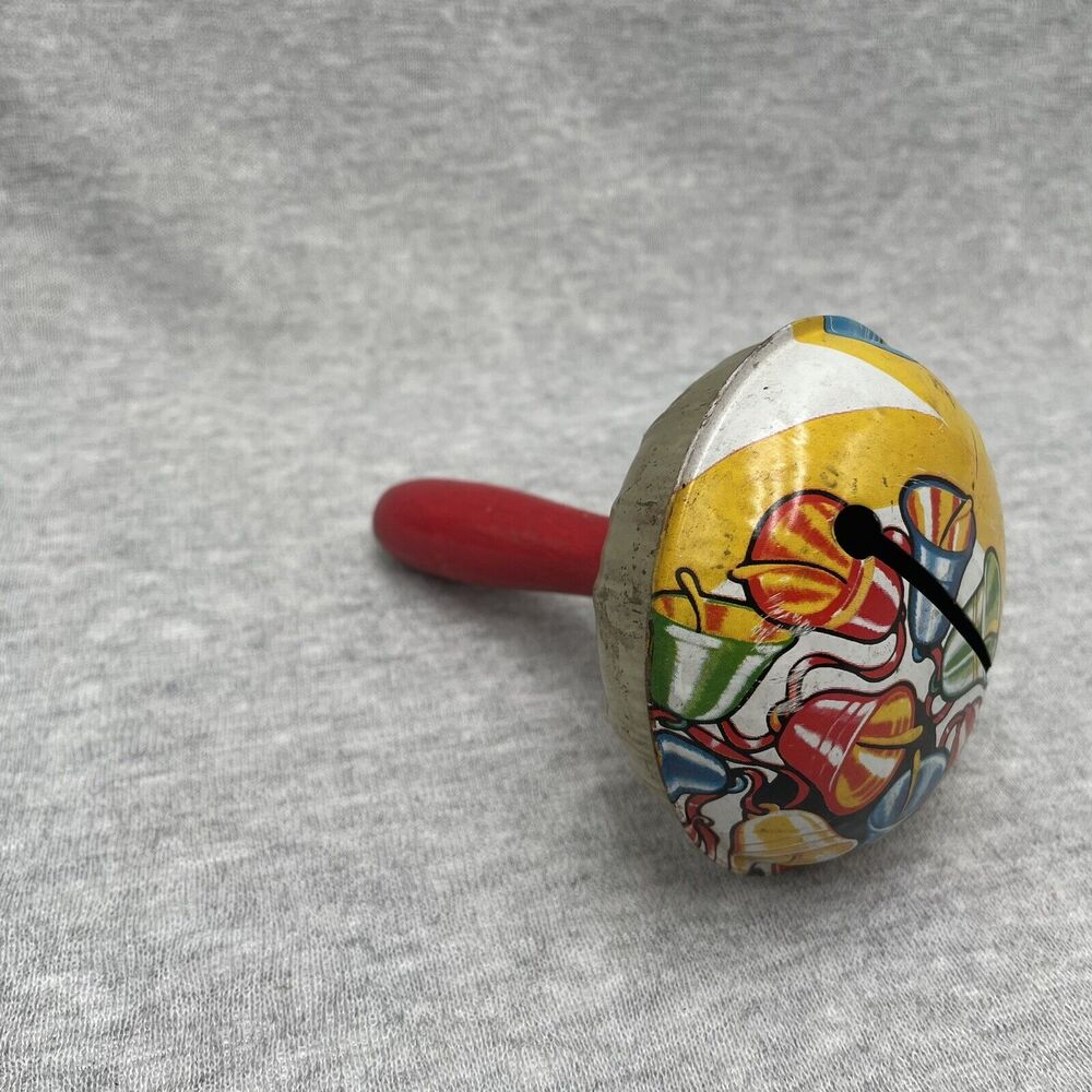 Antique USA Metal Rattle Style Bells Noisemaker w Wooden Handle Pre War Era